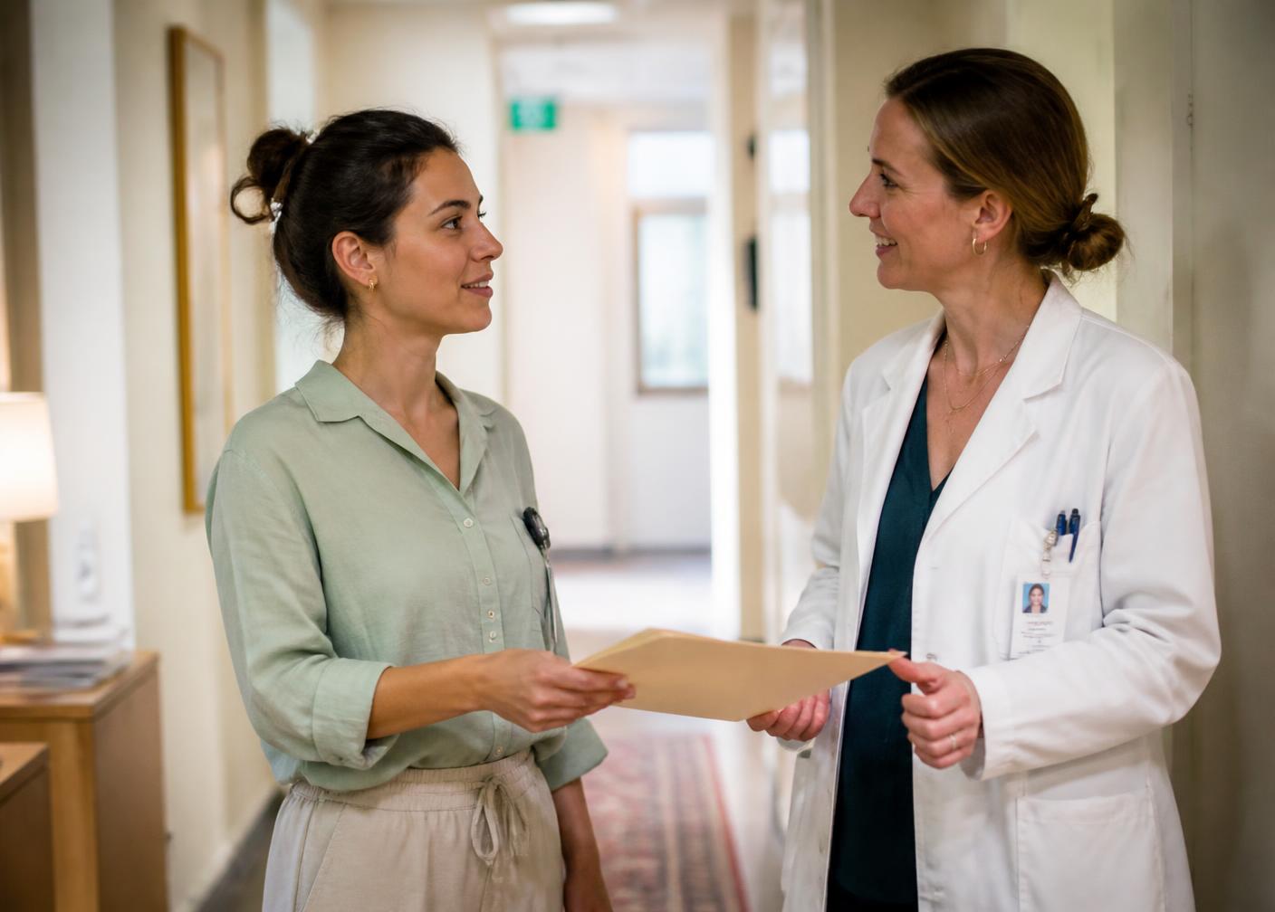 Two clinicians coordinating a warm handoff in a bright hallway