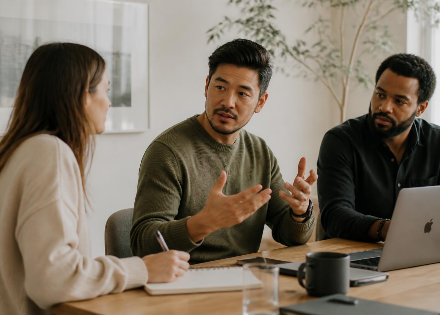 Three professionals in warm conversation around a light wood table