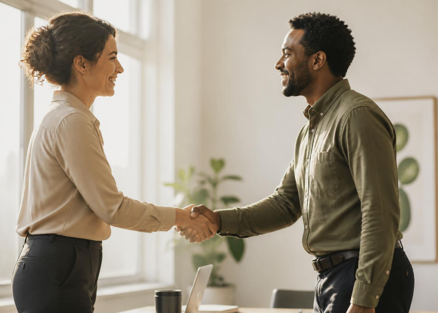 Two professionals shaking hands in a bright, plant-filled office