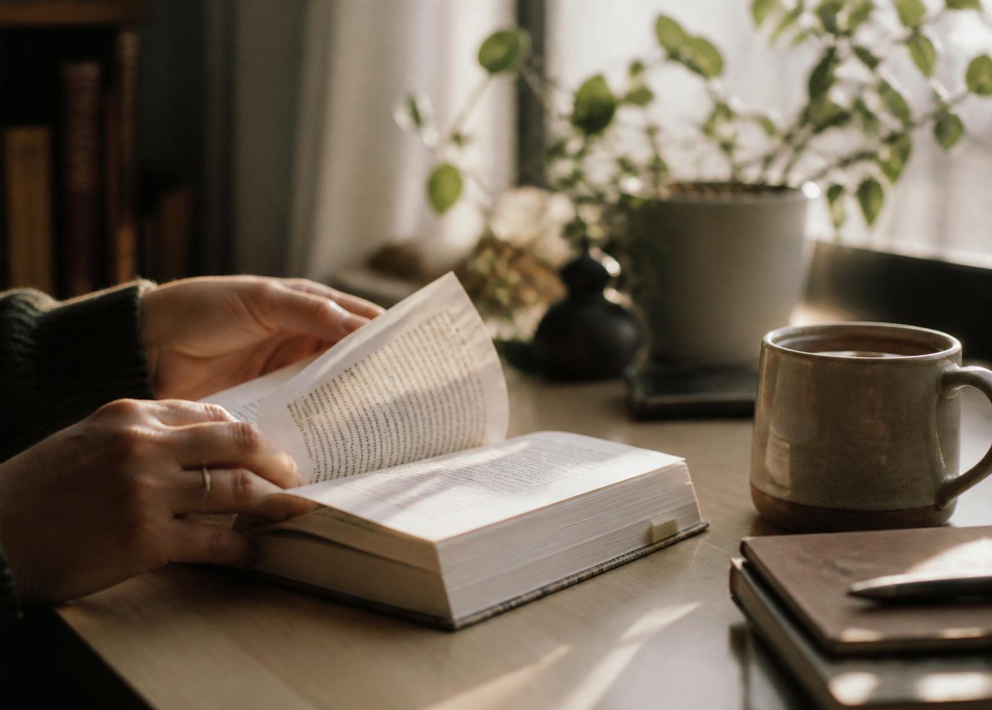 Hands turning pages of an open book in warm morning light
