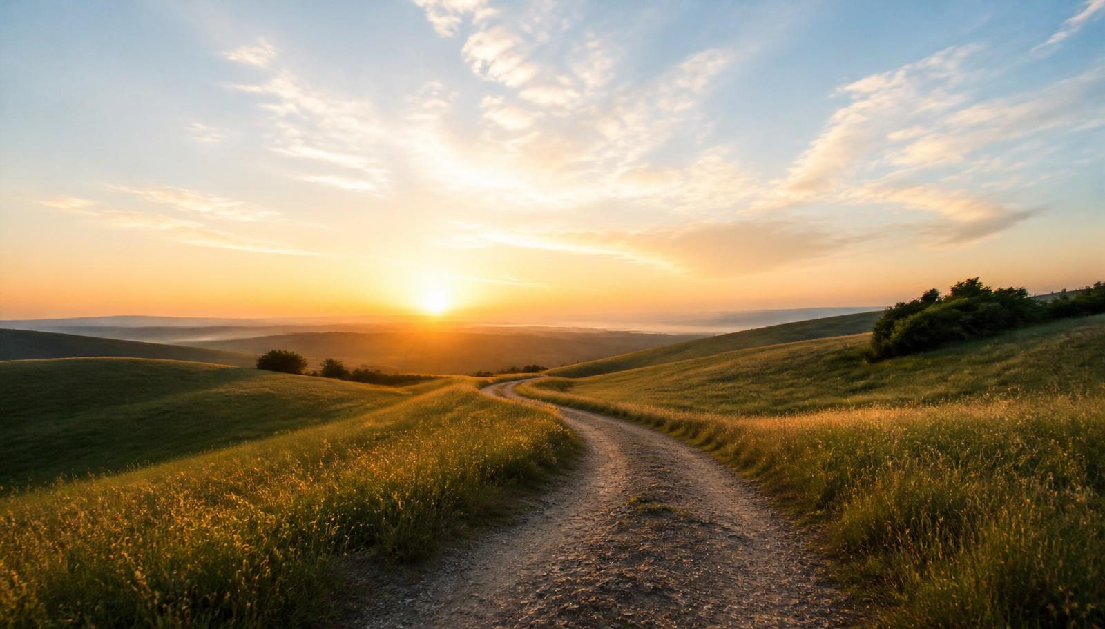A gently curving path through open meadow at sunrise, leading forward