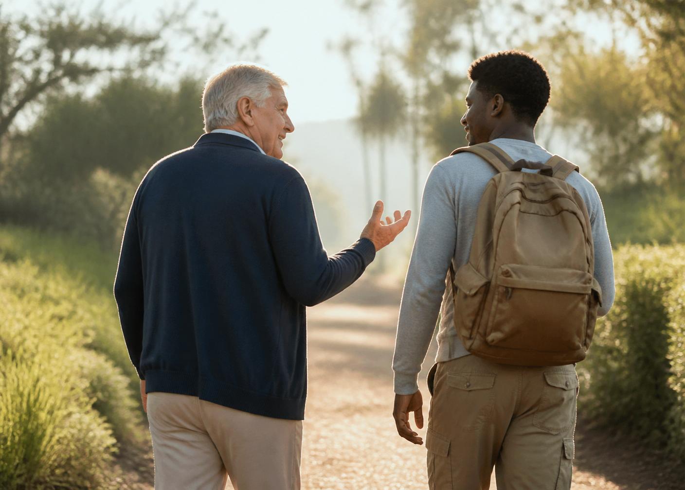 Two people walking side by side along a sunlit path, mid-conversation